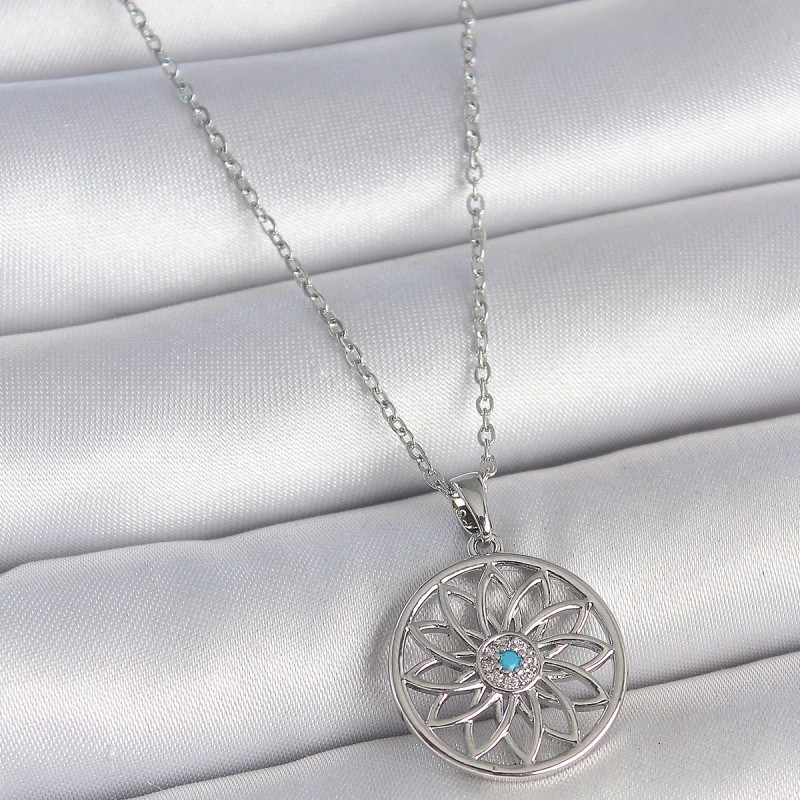 316L Çelik Gümüş Renk Zincir Mavi Taşlı Lotus Model Kadın Kolye