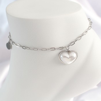 316L Çelik Gümüş Renk Zincir Model 3D Kalp Beyaz Kalp Figür Kadın HalHal