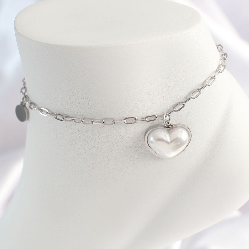 316L Çelik Gümüş Renk Zincir Model 3D Kalp Beyaz Kalp Figür Kadın HalHal