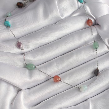 316L Çelik Gümüş Renk Zincir Renkli Doğaltaş Model Kadın Kolye