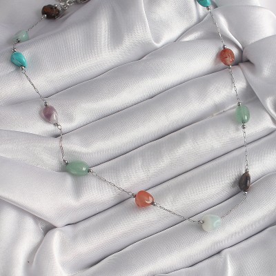 316L Çelik Gümüş Renk Zincir Renkli Doğaltaş Model Kadın Kolye