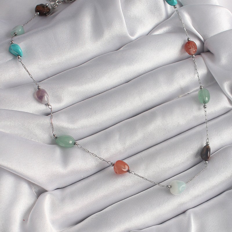 316L Çelik Gümüş Renk Zincir Renkli Doğaltaş Model Kadın Kolye