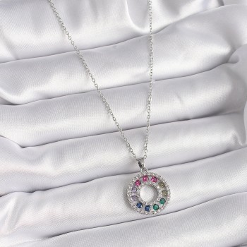 316L Çelik Gümüş Renk Zincir Renkli Zirkon Taşlı Madalyon Model Kadın Kolye