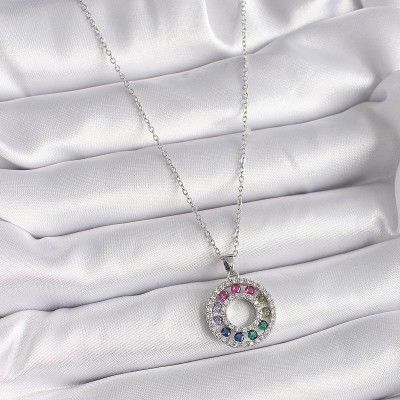 316L Çelik Gümüş Renk Zincir Renkli Zirkon Taşlı Madalyon Model Kadın Kolye