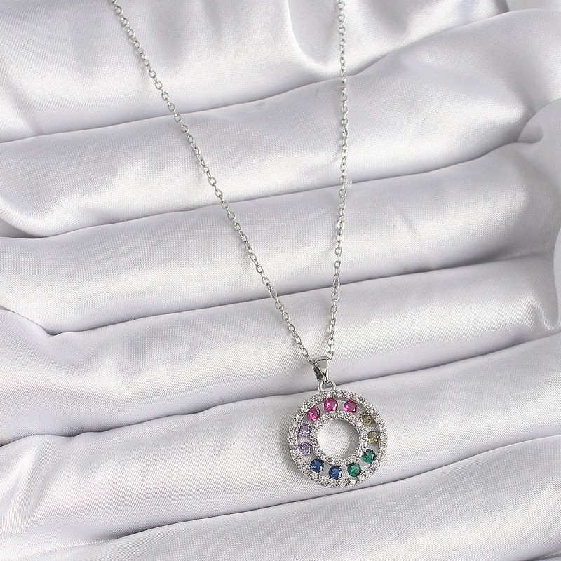 316L Çelik Gümüş Renk Zincir Renkli Zirkon Taşlı Madalyon Model Kadın Kolye