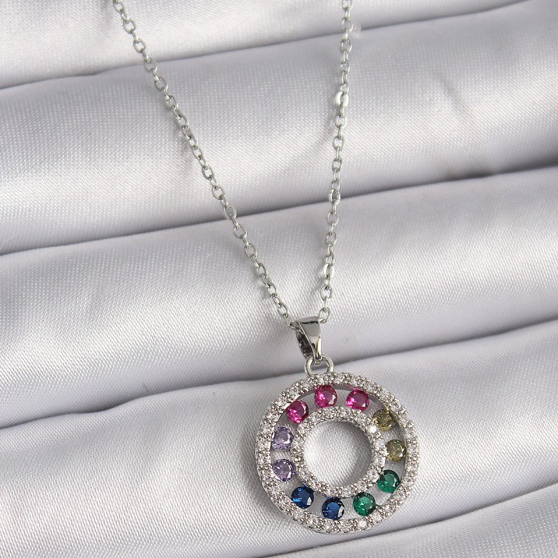 316L Çelik Gümüş Renk Zincir Renkli Zirkon Taşlı Madalyon Model Kadın Kolye