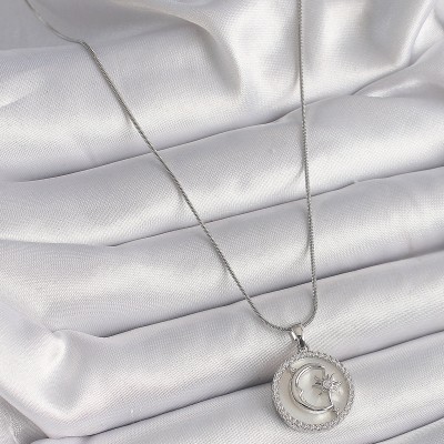 316L Çelik Gümüş Renk Zincir Zirkon Taş Detaylı Beyaz Sedefli Ay Yıldız İşleme Kadın Kolye