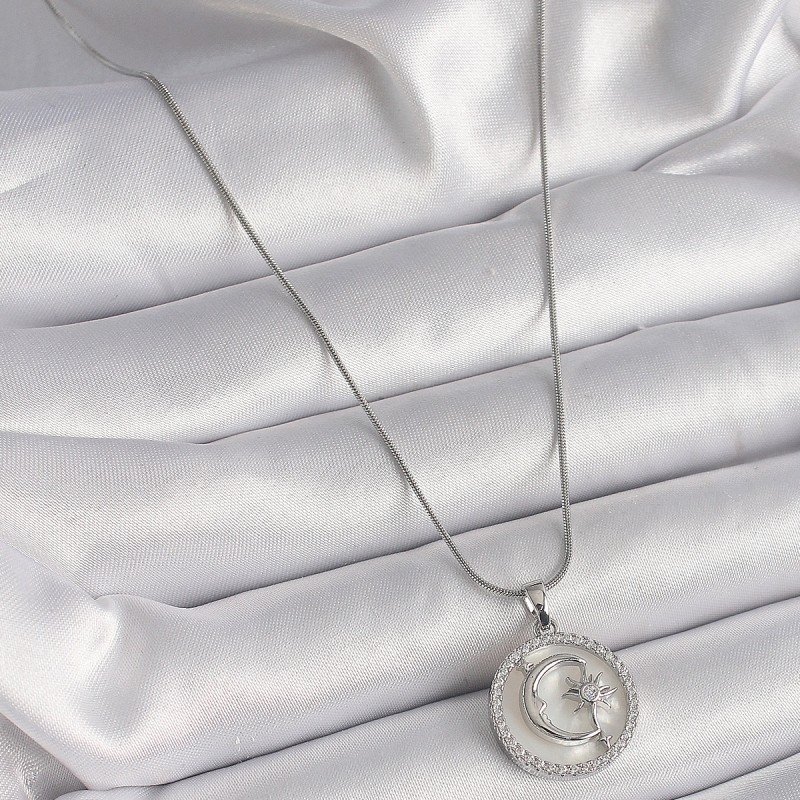 316L Çelik Gümüş Renk Zincir Zirkon Taş Detaylı Beyaz Sedefli Ay Yıldız İşleme Kadın Kolye