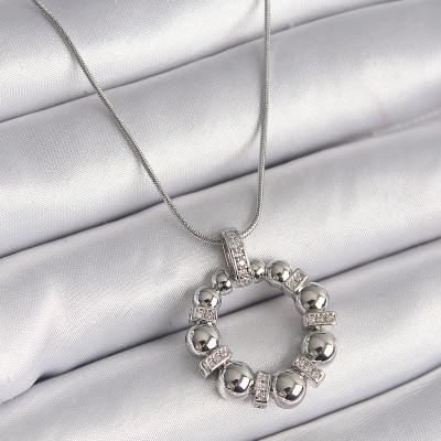 316L Çelik Gümüş Renk Zincir Zirkon Taş Detaylı Bombeli Halka Model Kadın Kolye