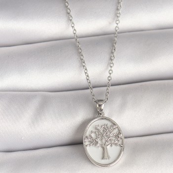 316L Çelik Gümüş Renk Zincir Zirkon Taş İşlemeli Beyaz Mineli Ağaç İşlemeli Portre Model Kadın Kolye