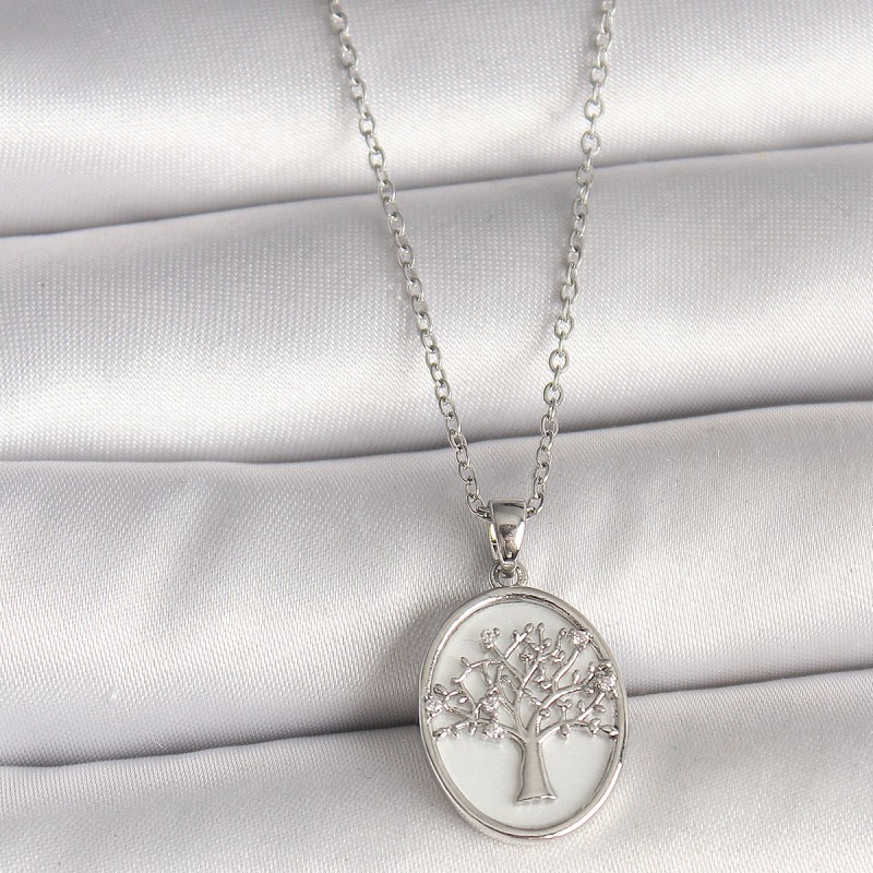 316L Çelik Gümüş Renk Zincir Zirkon Taş İşlemeli Beyaz Mineli Ağaç İşlemeli Portre Model Kadın Kolye