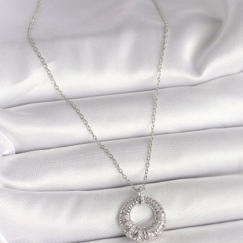 316L Çelik Gümüş Renk Zincir Zirkon Taş İşlemeli Daire Model Kadın Kolye