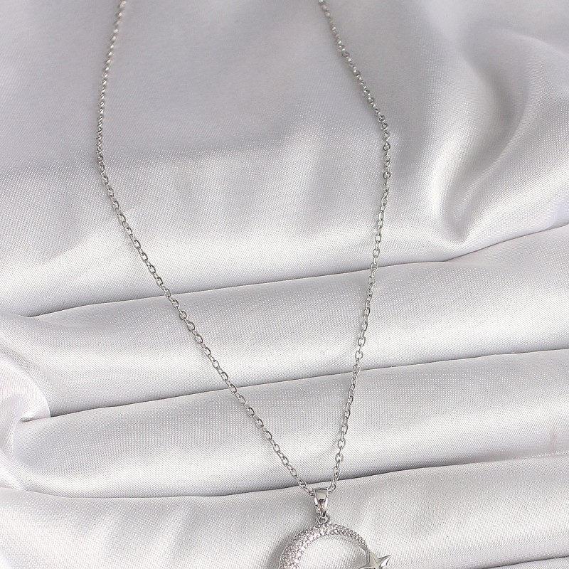 316L Çelik Gümüş Renk Zincir Zirkon Taşlı Ay Yıldız Model Sonsuzluk Detay Kadın Kolye