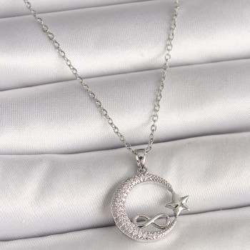 316L Çelik Gümüş Renk Zincir Zirkon Taşlı Ay Yıldız Model Sonsuzluk Detay Kadın Kolye