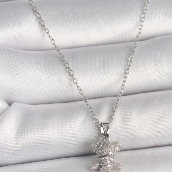 316L Çelik Gümüş Renk Zincir Zirkon Taşlı Ayıcık Figür Kadın Kolye