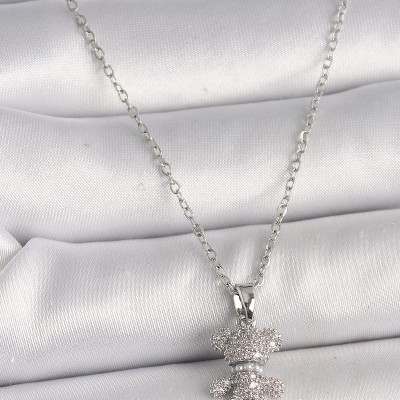 316L Çelik Gümüş Renk Zincir Zirkon Taşlı Ayıcık Figür Kadın Kolye