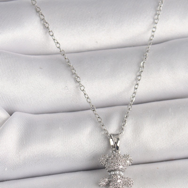 316L Çelik Gümüş Renk Zincir Zirkon Taşlı Ayıcık Figür Kadın Kolye