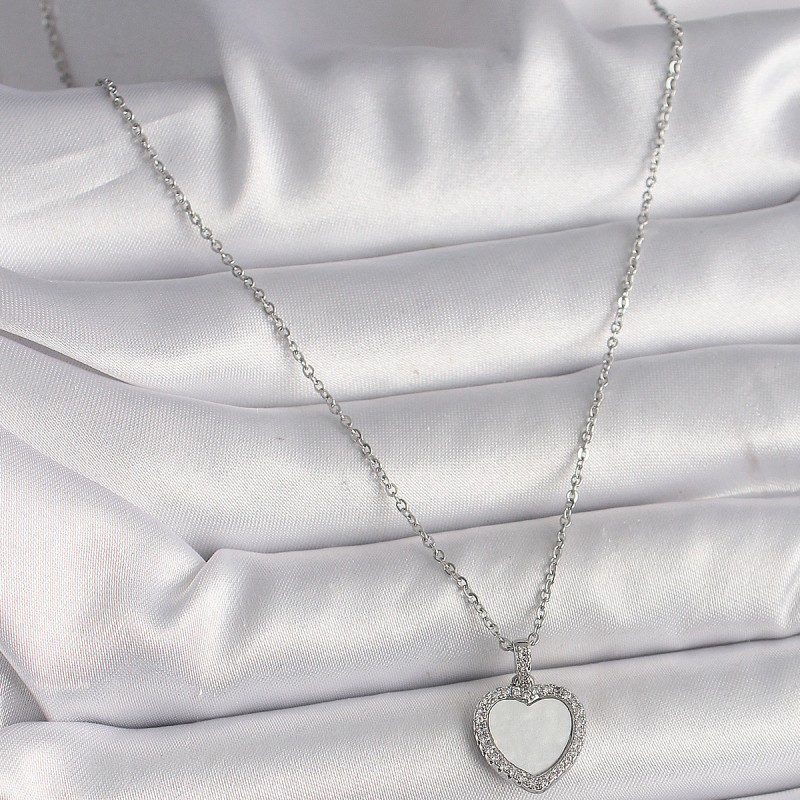 316L Çelik Gümüş Renk Zincir Zirkon Taşlı Beyaz Mineli Kalp Model Kadın Kolye