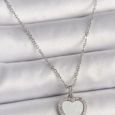 316L Çelik Gümüş Renk Zincir Zirkon Taşlı Beyaz Mineli Kalp Model Kadın Kolye