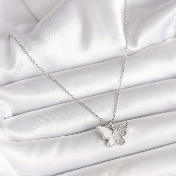 316L Çelik Gümüş Renk Zincir Zirkon Taşlı Beyaz Mineli Kelebek Model Kadın Kolye