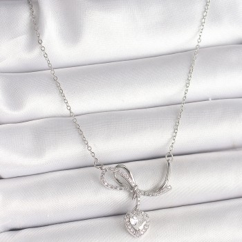 316L Çelik Gümüş Renk Zincir Zirkon Taşlı Düğüm Sallantı Kalp Figür Kadın Kolye