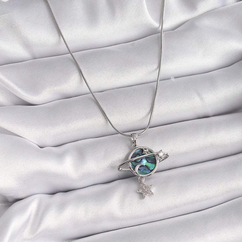 316L Çelik Gümüş Renk Zincir Zirkon Taşlı Gezegen Model Kadın Kolye