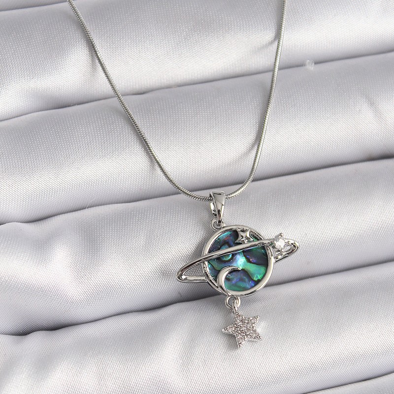 316L Çelik Gümüş Renk Zincir Zirkon Taşlı Gezegen Model Kadın Kolye