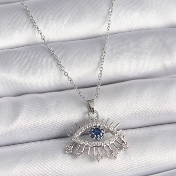 316L Çelik Gümüş Renk Zincir Zirkon Taşlı Göz Model Kadın Kolye