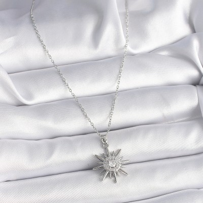 316L Çelik Gümüş Renk Zincir Zirkon Taşlı Güneş Model Kadın Yüzük