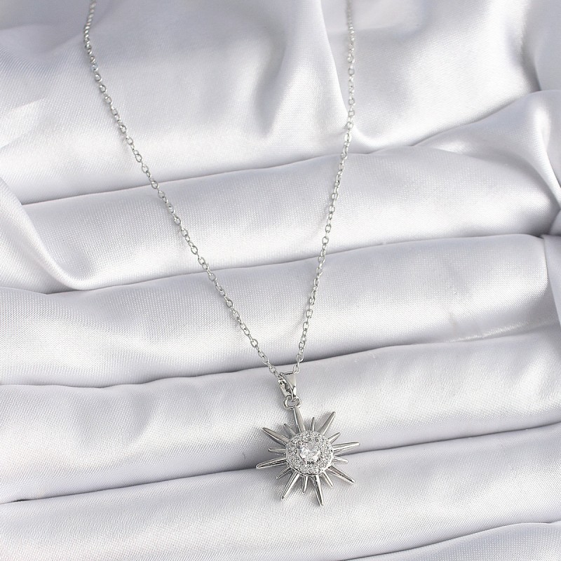 316L Çelik Gümüş Renk Zincir Zirkon Taşlı Güneş Model Kadın Yüzük