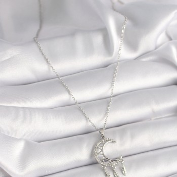 316L Çelik Gümüş Renk Zincir Zirkon Taşlı Hilal Model Sallantı Yaprak Detay Kadın Kolye