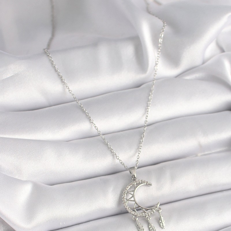 316L Çelik Gümüş Renk Zincir Zirkon Taşlı Hilal Model Sallantı Yaprak Detay Kadın Kolye