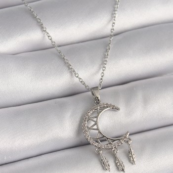 316L Çelik Gümüş Renk Zincir Zirkon Taşlı Hilal Model Sallantı Yaprak Detay Kadın Kolye