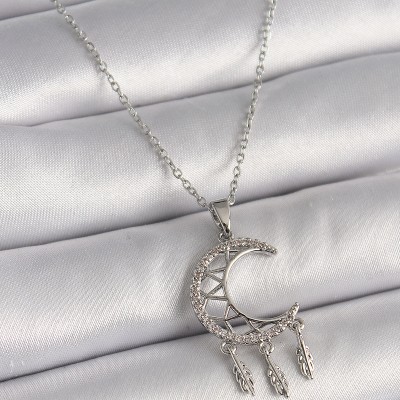 316L Çelik Gümüş Renk Zincir Zirkon Taşlı Hilal Model Sallantı Yaprak Detay Kadın Kolye