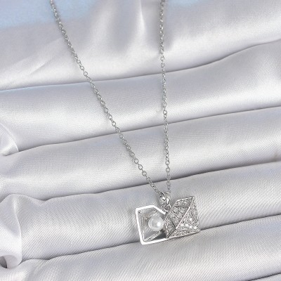 316L Çelik Gümüş Renk Zincir Zirkon Taşlı İncili Açılır Elmas Model Kadın Kolye