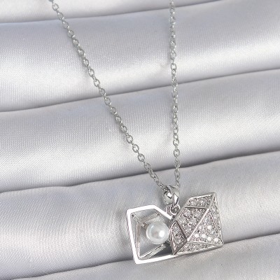 316L Çelik Gümüş Renk Zincir Zirkon Taşlı İncili Açılır Elmas Model Kadın Kolye