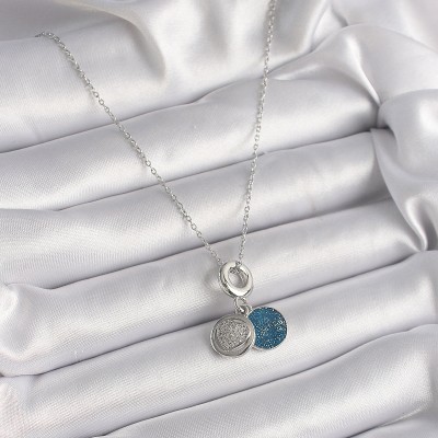 316L Çelik Gümüş Renk Zincir Zirkon Taşlı İşleme Mavi Simli Kadın Kolye