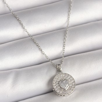 316L Çelik Gümüş Renk Zincir Zirkon Taşlı Kalp İşlemeli Madalyon Model Kadın Kolye