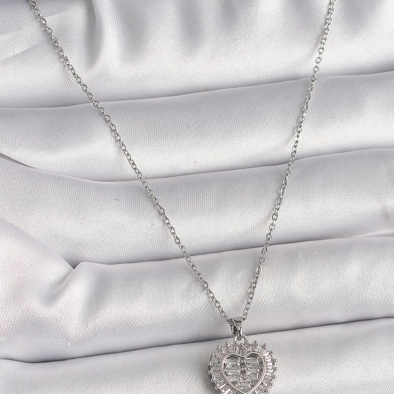 316L Çelik Gümüş Renk Zincir Zirkon Taşlı Kalp Model Kadın Kolye