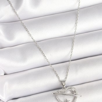 316L Çelik Gümüş Renk Zincir Zirkon Taşlı Kalp Model Yıldız Detay Kadın Kolye