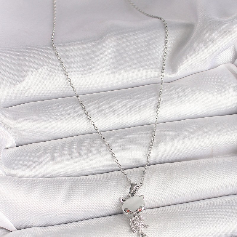 316L Çelik Gümüş Renk Zincir Zirkon Taşlı Kedi Model Kadın Kolye