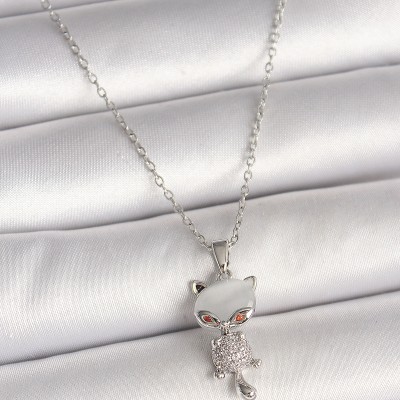 316L Çelik Gümüş Renk Zincir Zirkon Taşlı Kedi Model Kadın Kolye