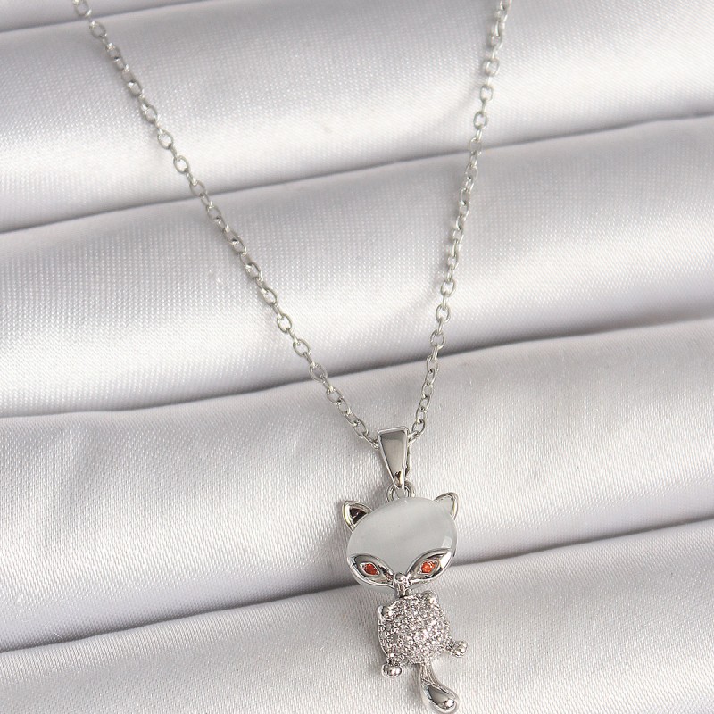 316L Çelik Gümüş Renk Zincir Zirkon Taşlı Kedi Model Kadın Kolye