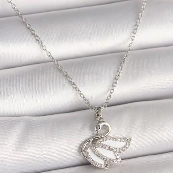 316L Çelik Gümüş Renk Zincir Zirkon Taşlı Kuğu Model Kadın Kolye