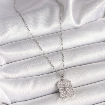 316L Çelik Gümüş Renk Zincir Zirkon Taşlı Kutup Yıldız İşlemeli Madalyon Model Kadın Kolye