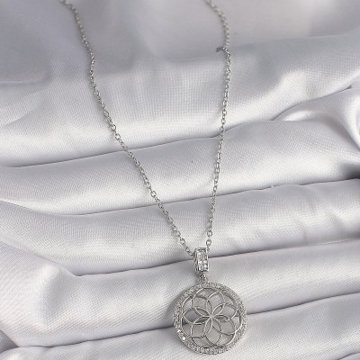 316L Çelik Gümüş Renk Zincir Zirkon Taşlı Lotus Model Kadın Kolye