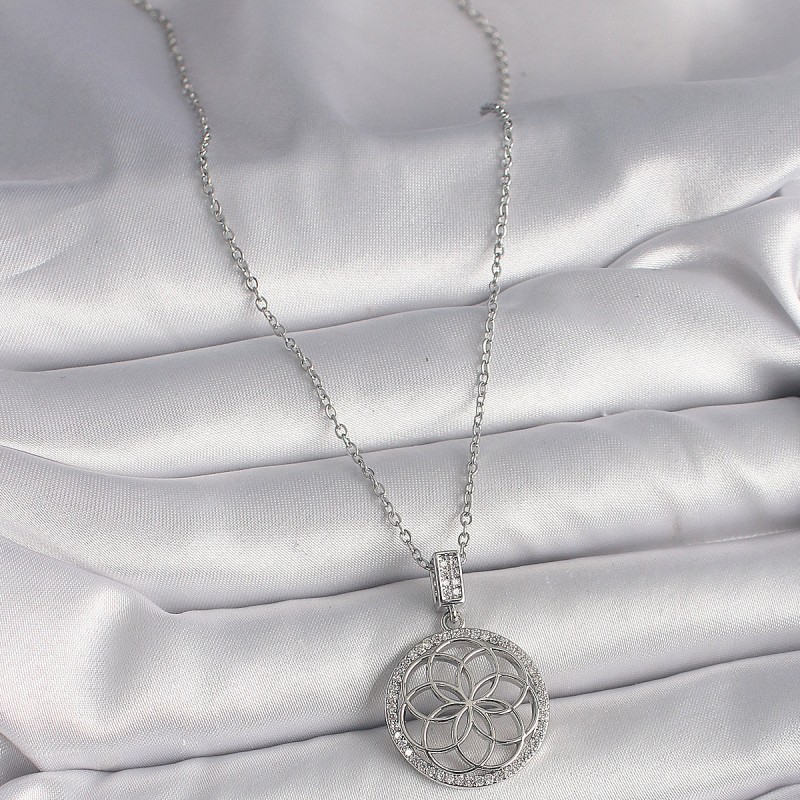 316L Çelik Gümüş Renk Zincir Zirkon Taşlı Lotus Model Kadın Kolye
