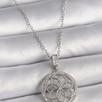 316L Çelik Gümüş Renk Zincir Zirkon Taşlı Lotus Model Kadın Kolye