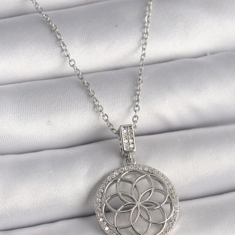 316L Çelik Gümüş Renk Zincir Zirkon Taşlı Lotus Model Kadın Kolye