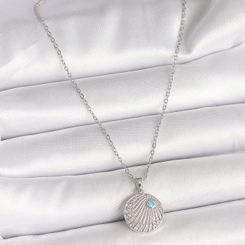 316L Çelik Gümüş Renk Zincir Zirkon Taşlı Mavi Taş Detaylı Madalyon Model Kadın Kolye